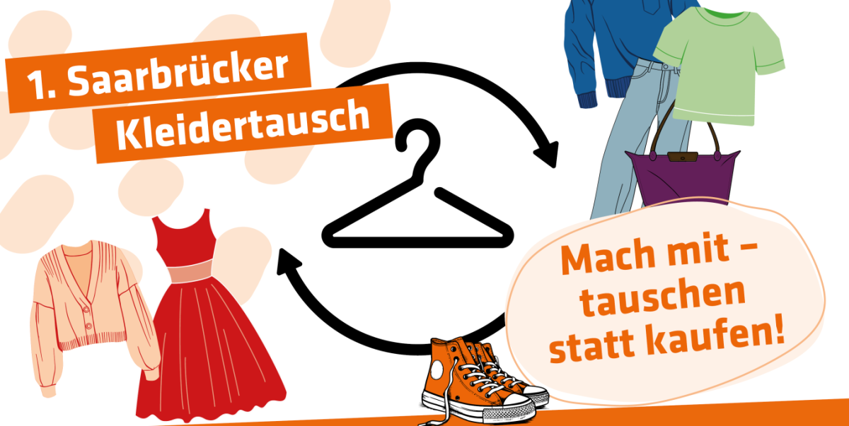 Kleider, Schuhe und ein Kleiderbügel mit der Aufschrift 20.9.25 10 bis 13 Uhr