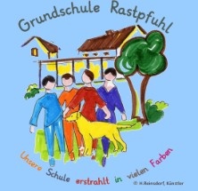 Gezeichnete Figuren in rot, blau und orange mit gelbem Hund vor hellblauem Hintergrund