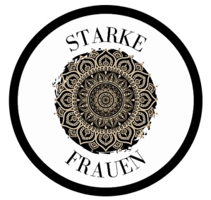 Schriftzug in einem schwarzen Kreis mit Mandala auf weißem Grund