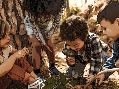 Umwelt Kinderkrimi Vier Kinder, die sich über Blätter am Boden beugen, ein Kind mit Lupe