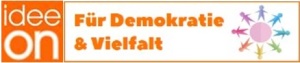 Logo Idee On und Schriftzug Für Demokratie & Vielfalt in orangefarbener Schrift Logo Idee On und Schriftzug Für Demokratie & Vielfalt in orangefarbener Schrift