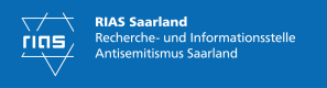 RIAS-Saarland-Logo mit dem Schriftzug: „Recherche- und Informationsstelle Antisemitismus Saarland“ auf blauem Hintergrund.