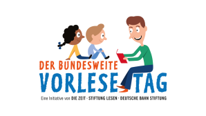 Ein Mann, der zwei Kindern vorliest mit dem Schriftzug "Bundesweiter Vorlesetag – Eine Initiative von DIE ZEIT, Stiftung Lesen und Deutsch Bahn Stiftung"